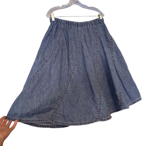 VTG 90s Blue Denim Patch Pull On Full Midi Jean Skirt  *Fits like Medium - Picture 7 of 12